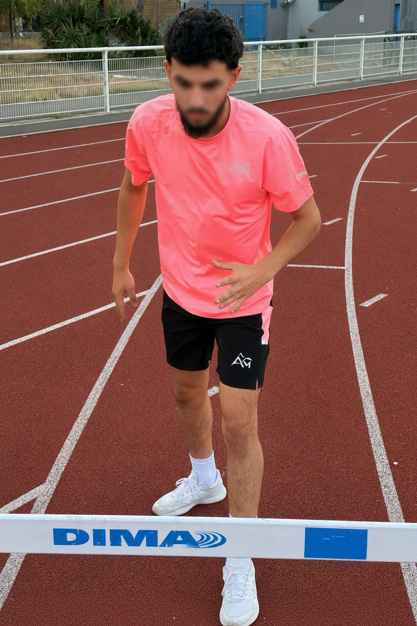 Ensemble sport rose corail Amvora porté, gros plan